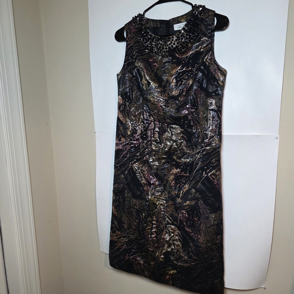 Teri Jon Jacquard Sleeveless Pencil Dress Embellished Jewel Neckline Women 10